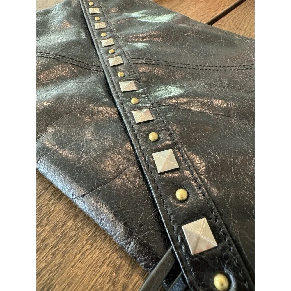 HOBO The Original Black Leather Studded Shoulder Bag Asymmetrical Flap Lined - Picture 3 of 14